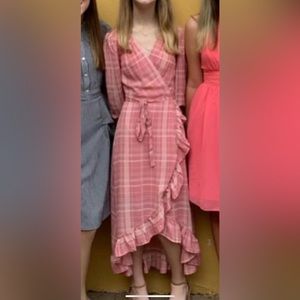 pink plaid flowy wrap dress